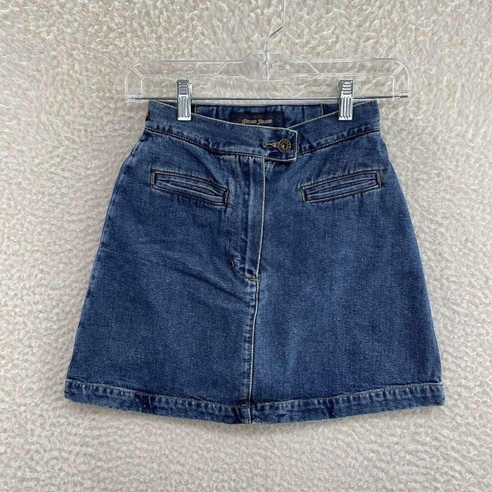 90s Vintage Guess Dark Wash High Waisted Jean Denim A-Line Mini Skirt 00 23 XXS